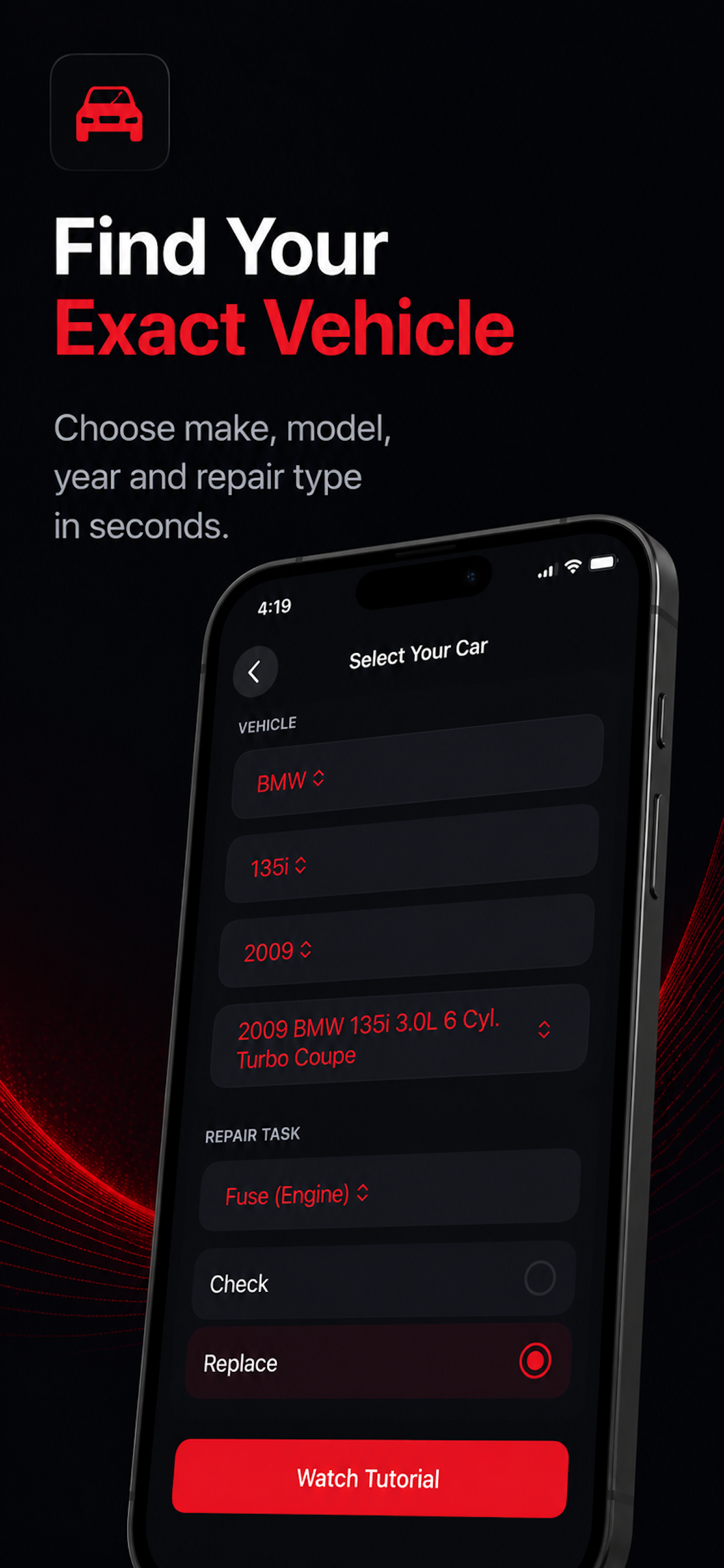 CarSavvy app vehicle selection and repair task screen