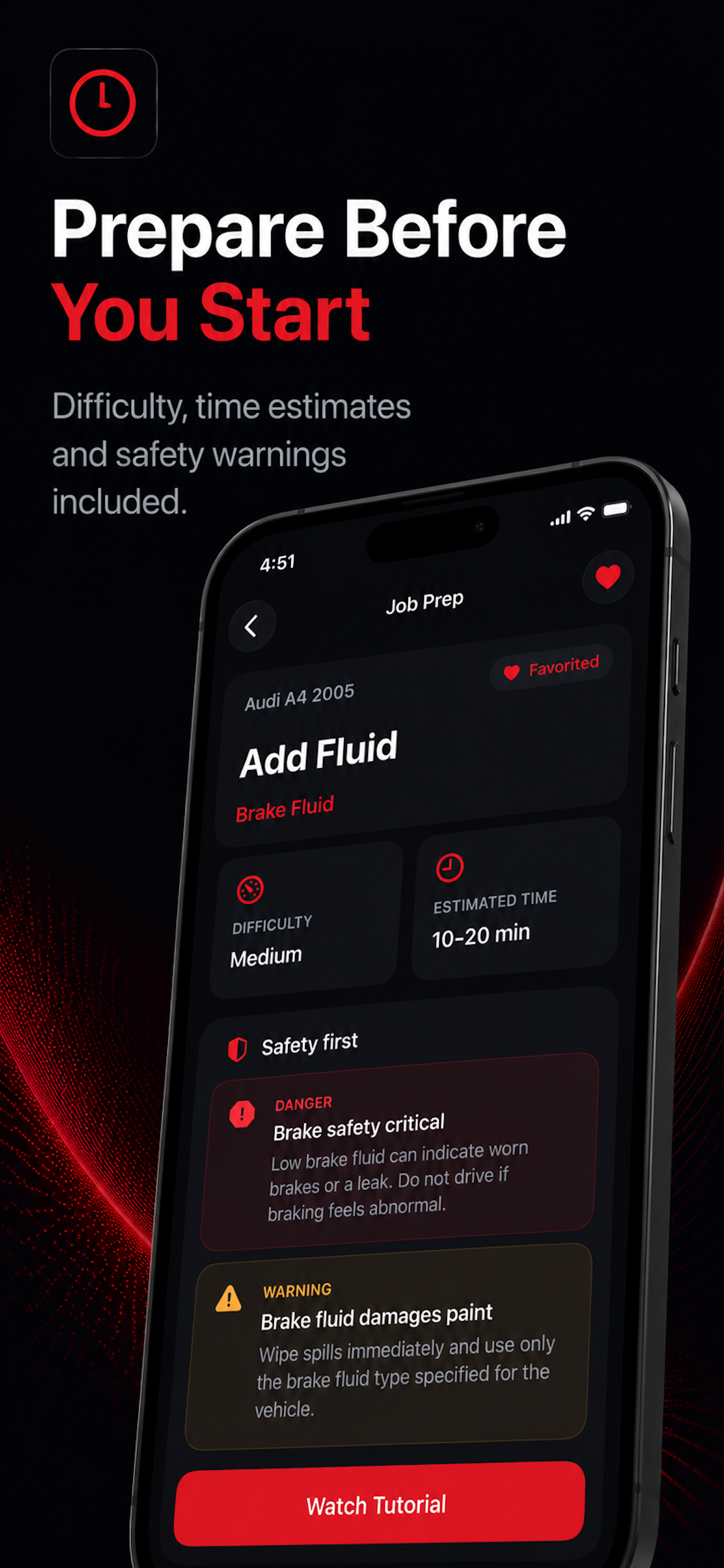 CarSavvy app job prep screen with safety warnings